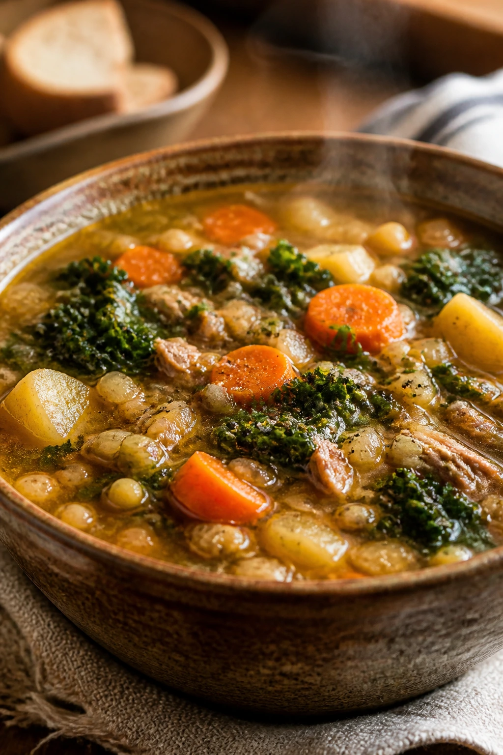 Steaming bowl of hearty soup filling the frame in a cozy dining setting
