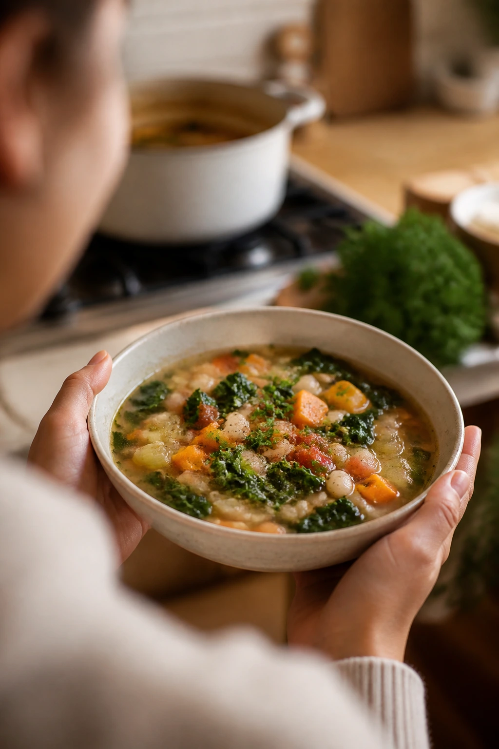 Hearty vegetable soup bowl for fullness with few calories