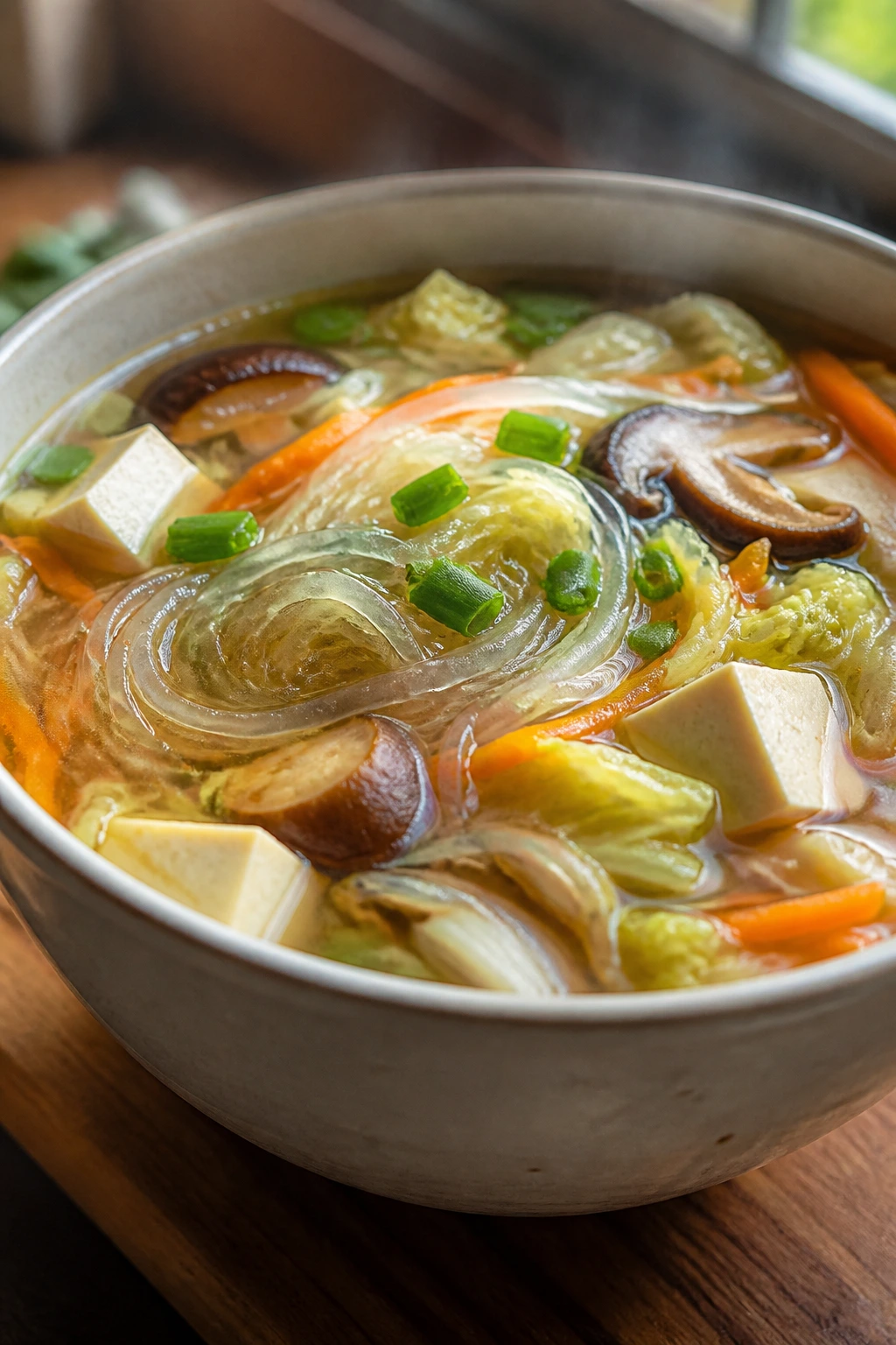 Close-up of Chinese Vegetable Soup with Glass Noodles in a steaming bowl