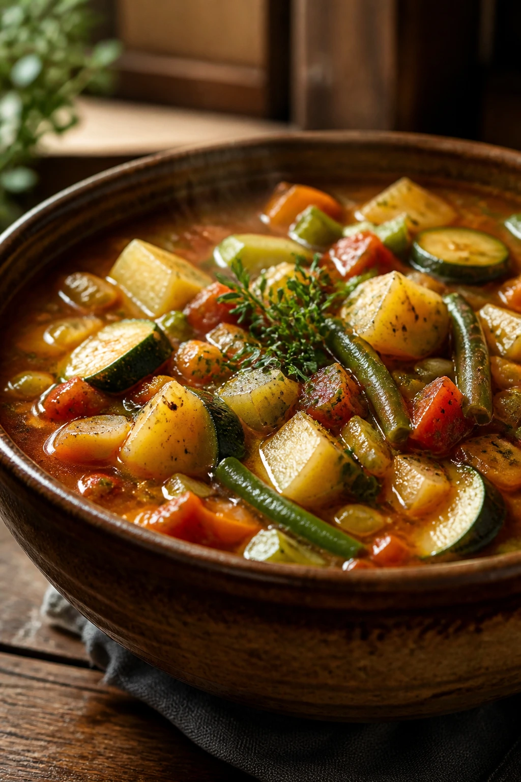Close-up of rustic garden vegetable soup with potatoes zucchini and beans