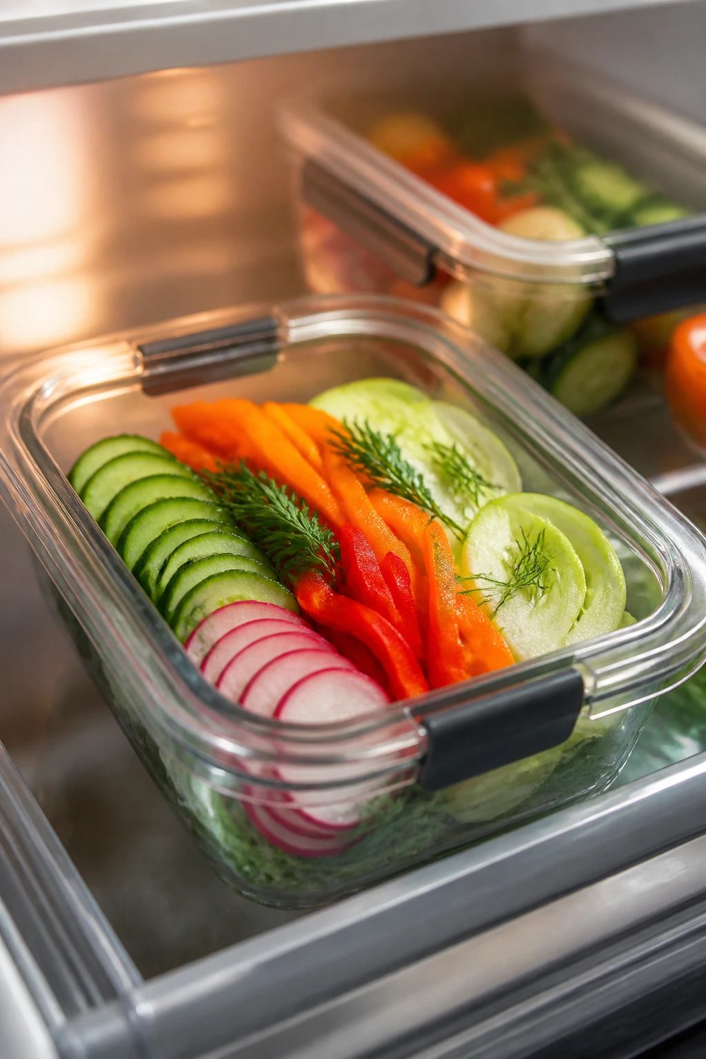 Container of cut raw vegetables stored in a fridge for make-ahead dinner