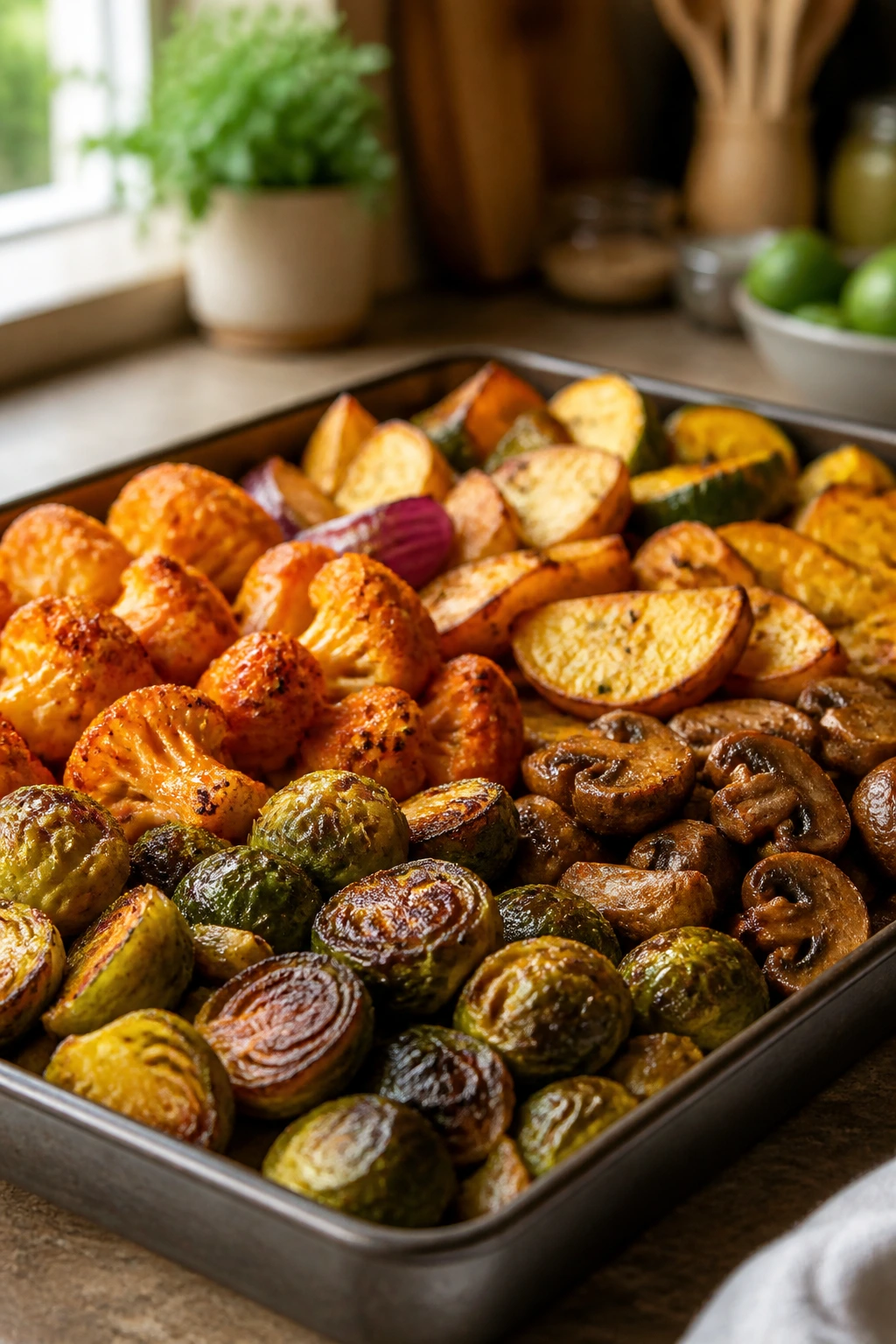Close-up of an airfried vegetable tray with crispy Brussels sprouts, buffalo cauliflower, and golden potatoes on a kitchen counter
