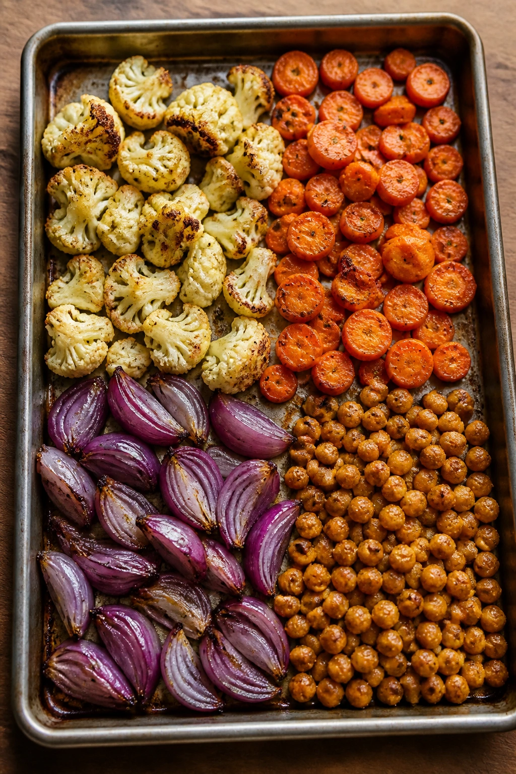 Sheet pan with varied roasted vegetables illustrating different flavor variations