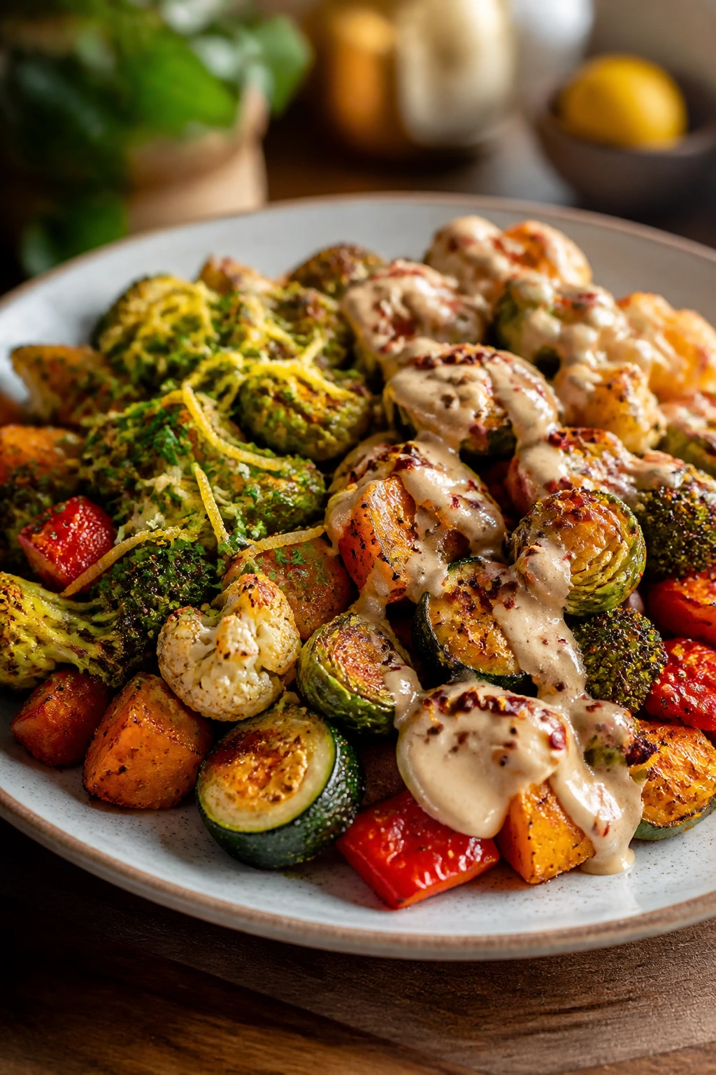 Roasted vegetable plate showing two topping styles for variations