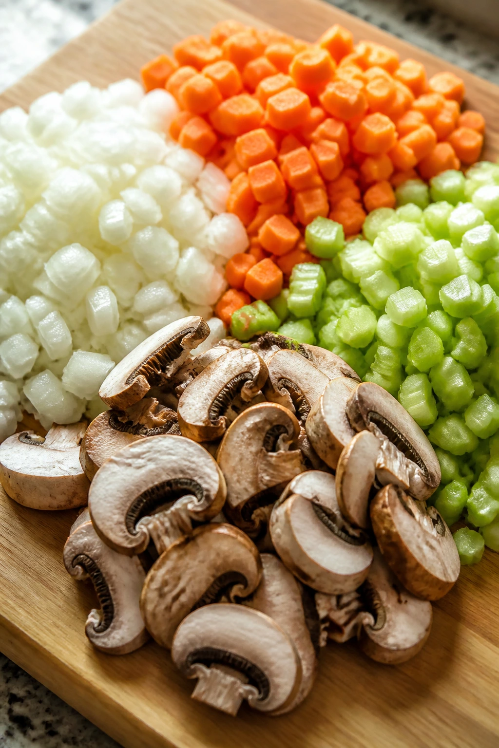 Raw vegetables and mushrooms prepared for the soup on a cutting board