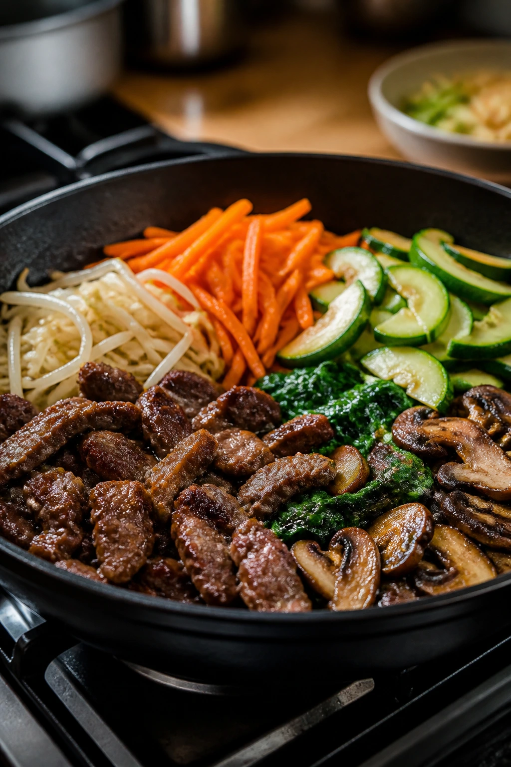 Skillet with browning beef and vegetables for bibimbap