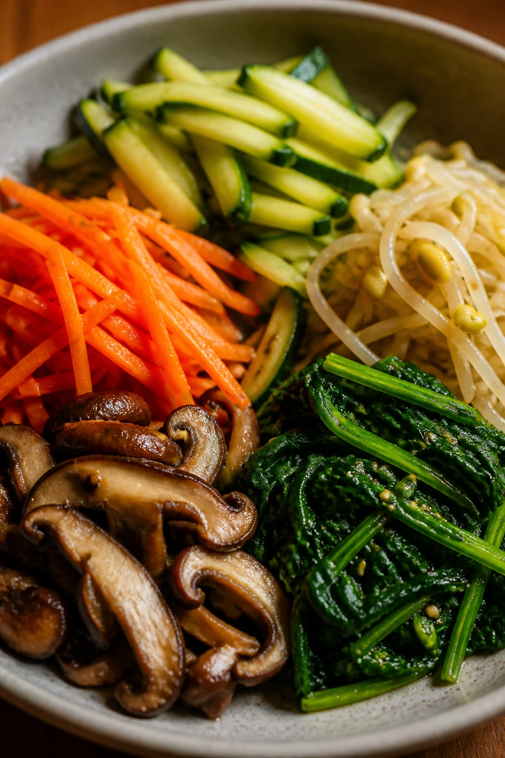 Crisp bibimbap vegetables arranged on a plate