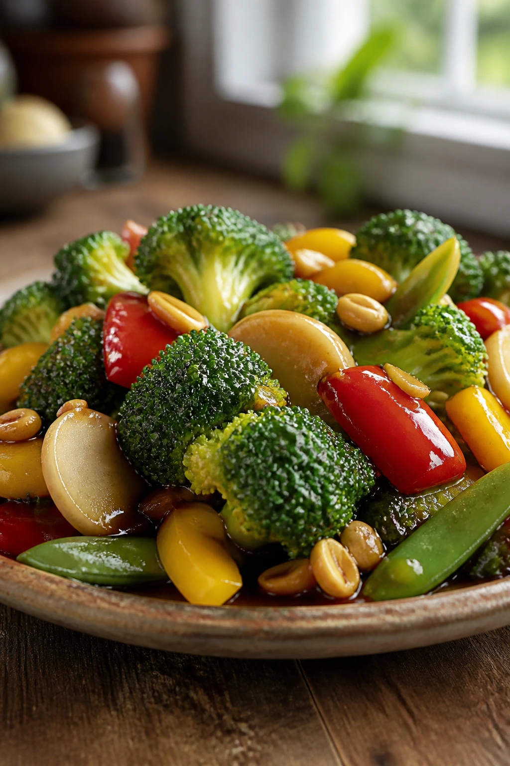 Broccoli and peppers coated in glossy glaze on a plate in a kitchen