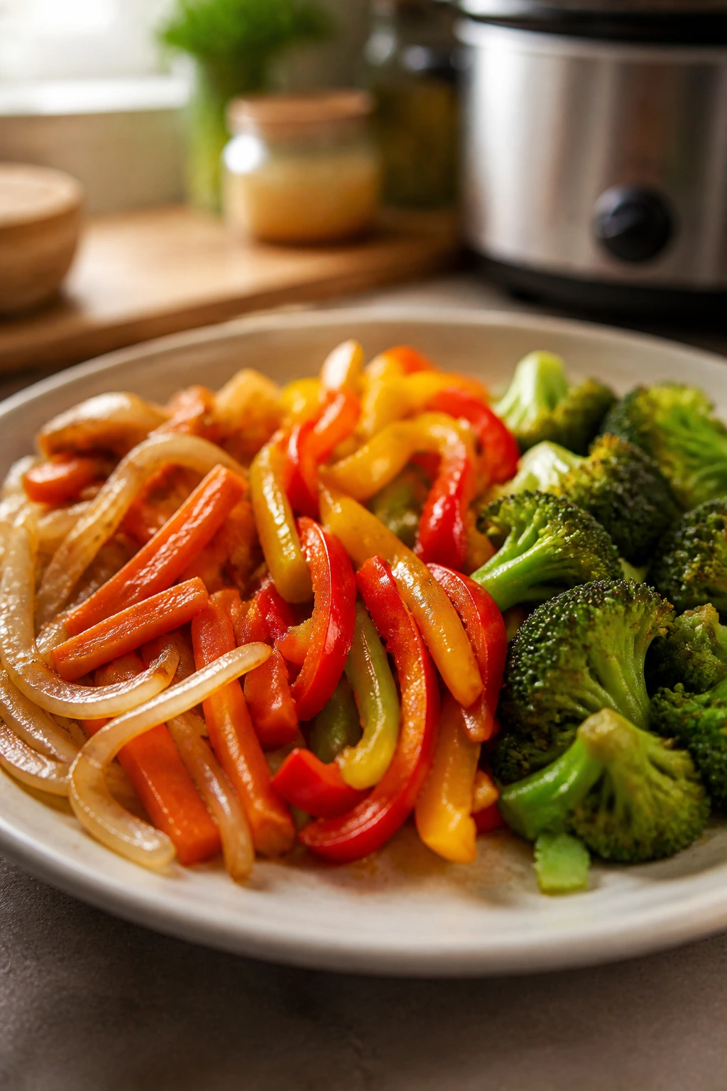 Colorful plate showing vegetables added at different times