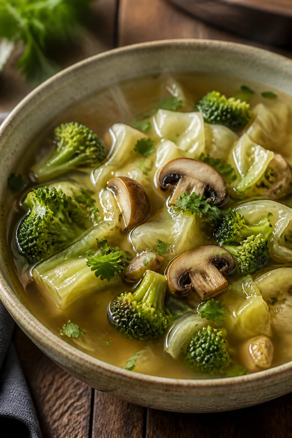 Bowl of vegetable broth with cabbage, mushrooms, broccoli showing volume