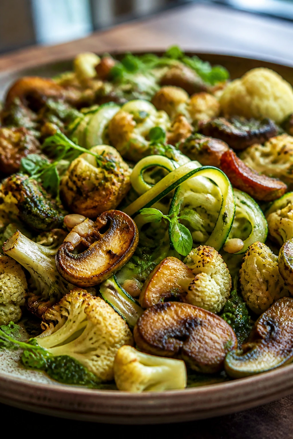 Colorful meatless dinner plate showing browning mushrooms and roasted vegetables