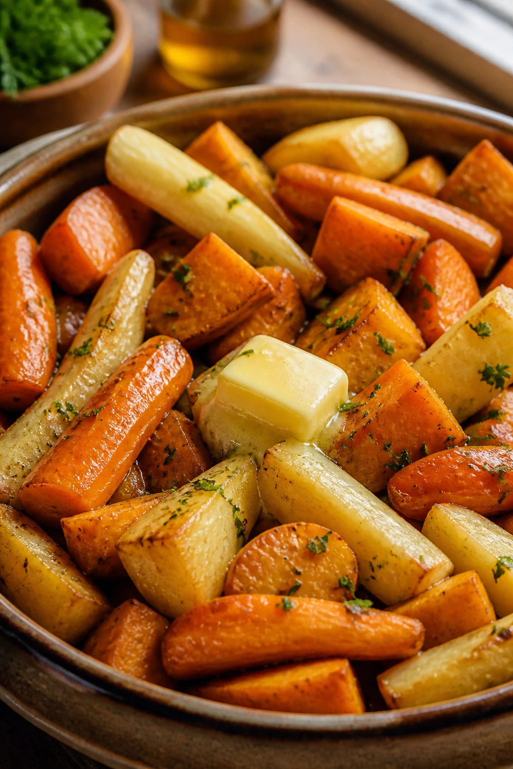 Close-up of glossy finished root vegetables with butter and herbs in a warm kitchen
