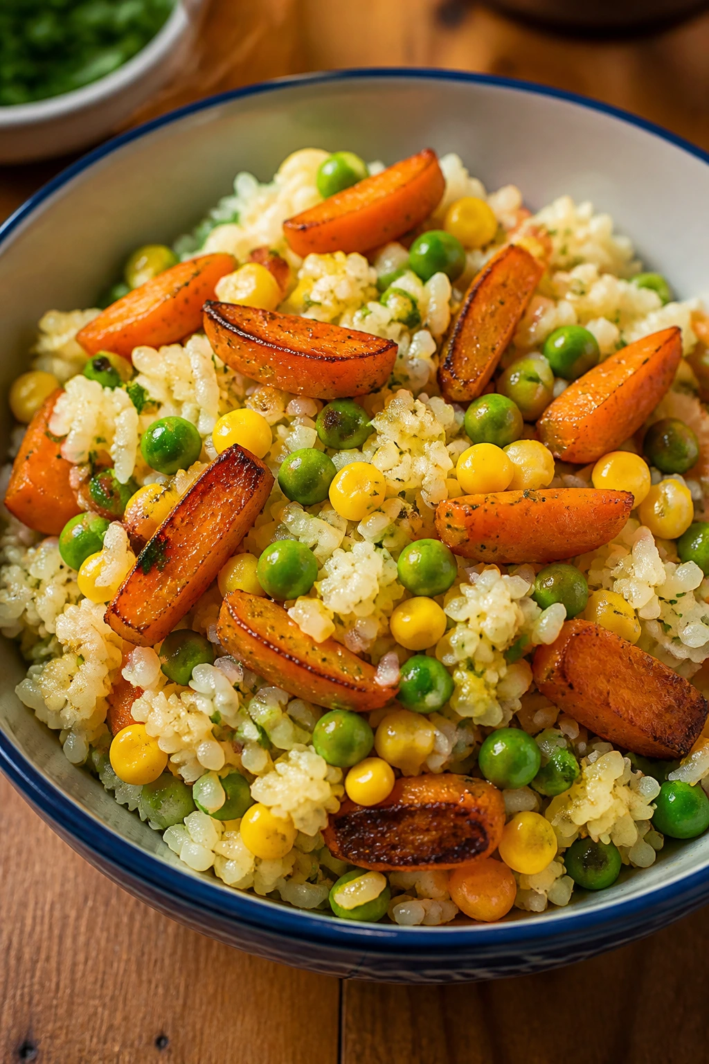 Colorful bowl with carrots, peas, corn and rice showing honest veggie additions
