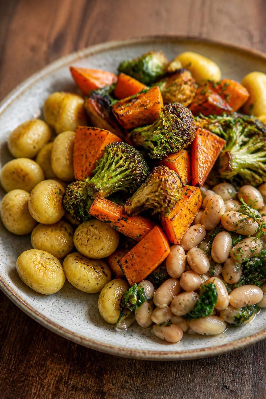 Plate with central roasted vegetables surrounded by beans and gnocchi, veggie-centered dinner