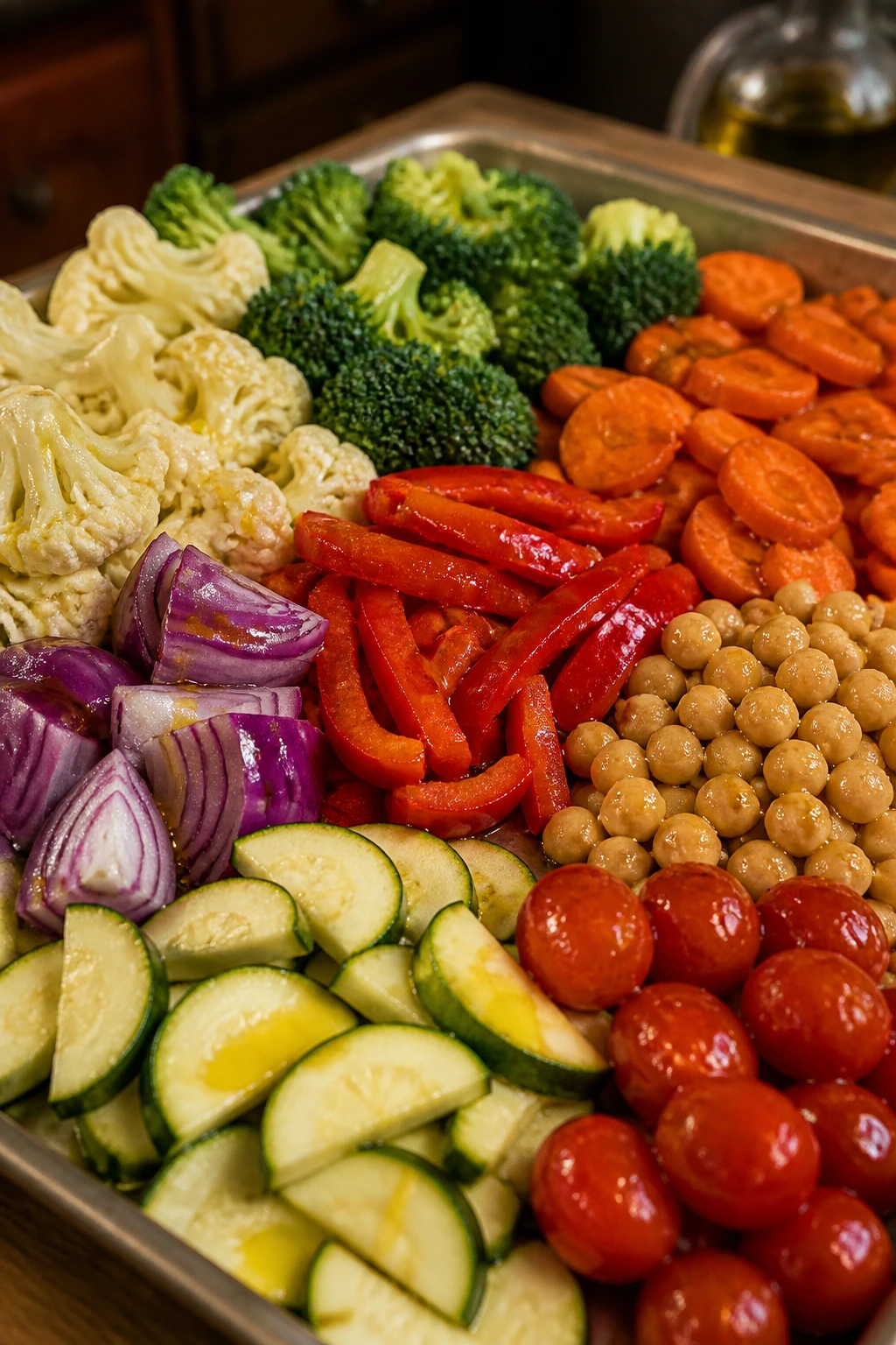 Prepped vegetables on a tray ready for roasting