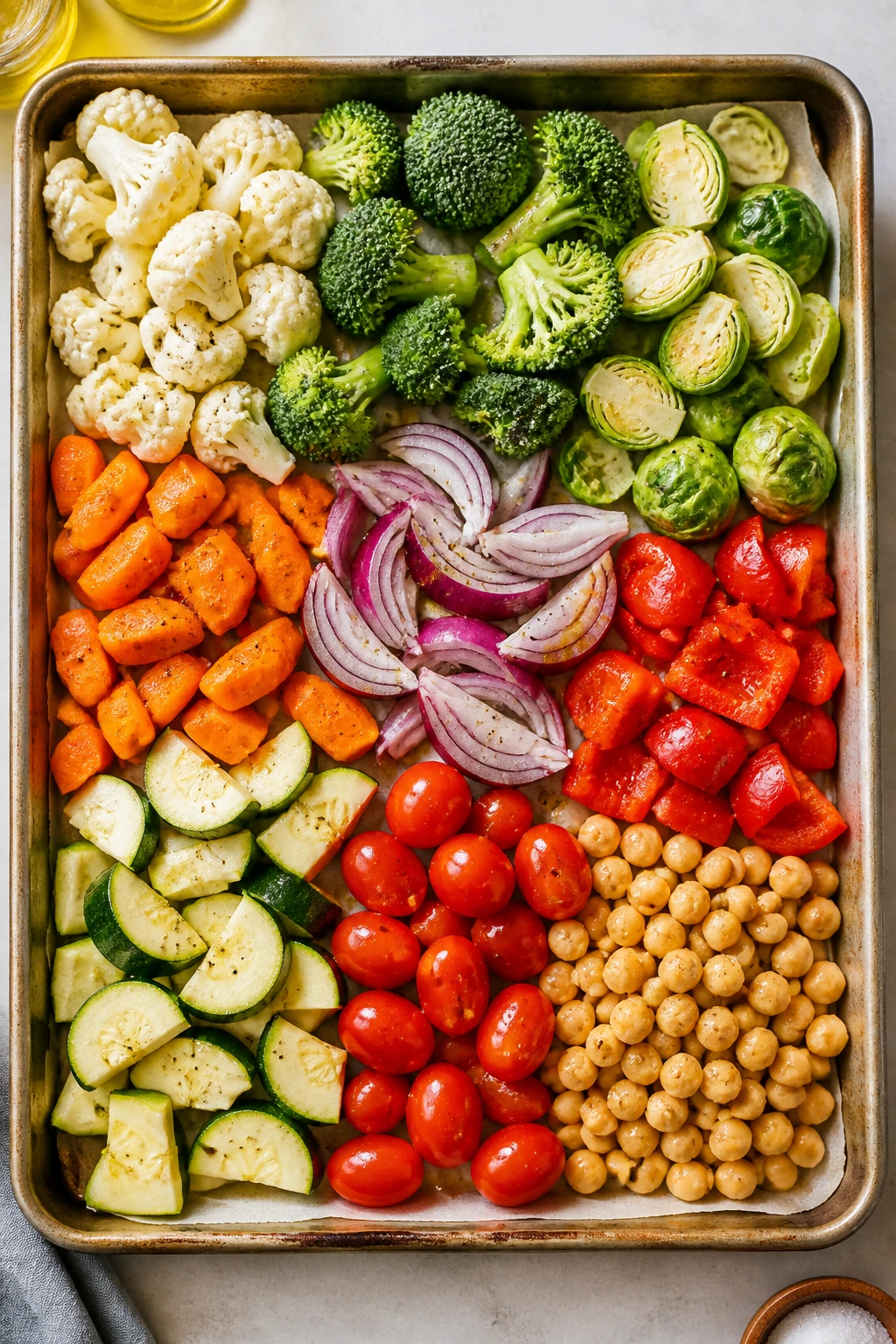 Raw vegetables and chickpeas arranged on parchment on a sheet pan for roasting