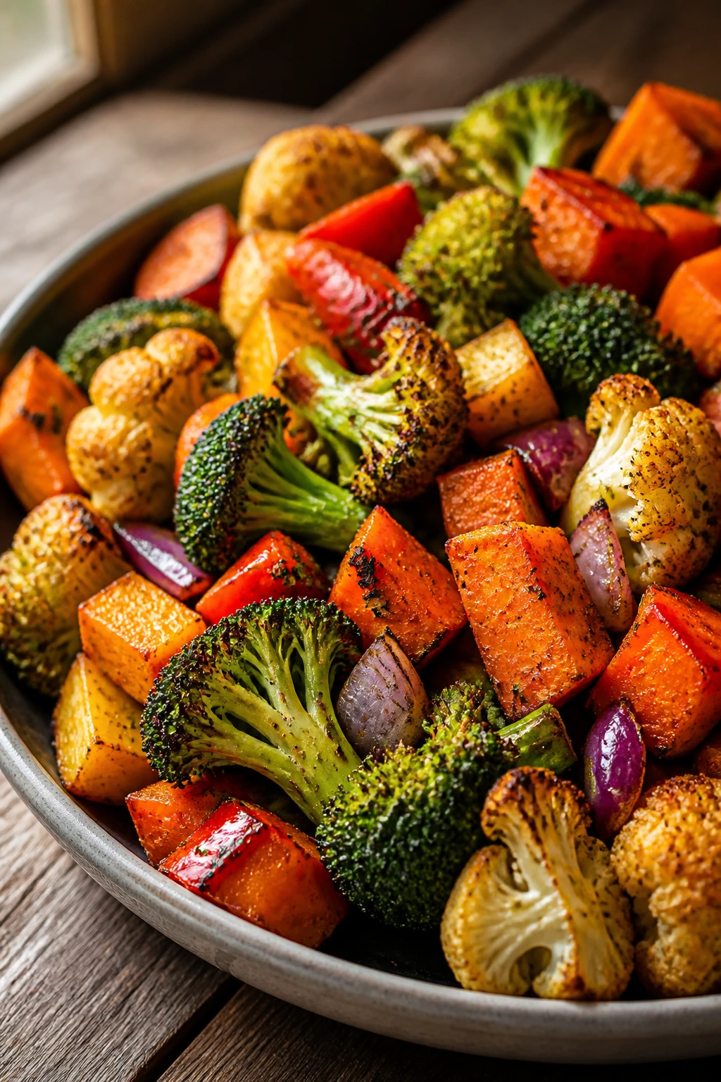 Close-up of a vibrant assortment of crispy air-fried vegetables on a rustic wooden table.