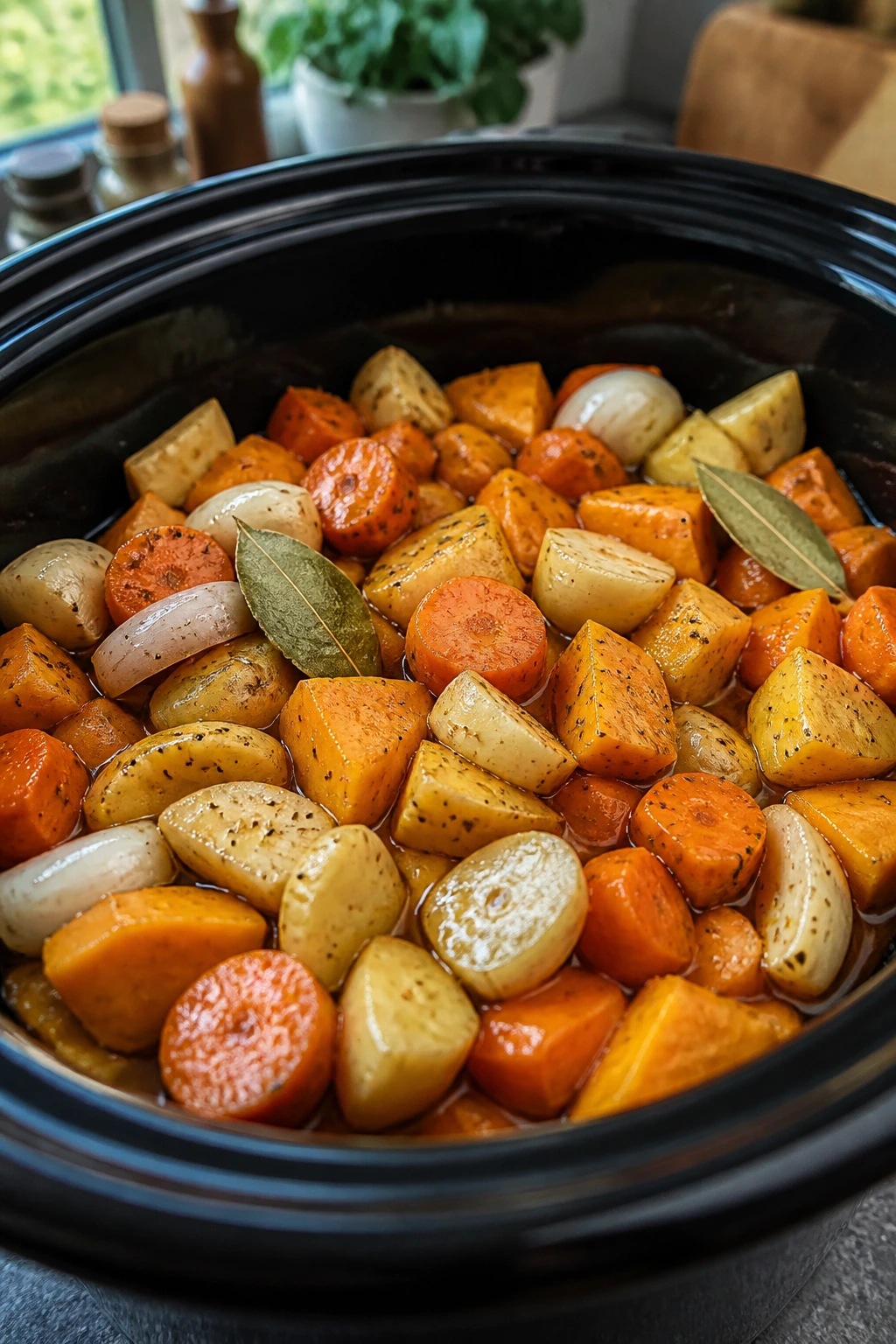 Close-up of colorful root vegetables in a crockpot insert with glossy seasoning