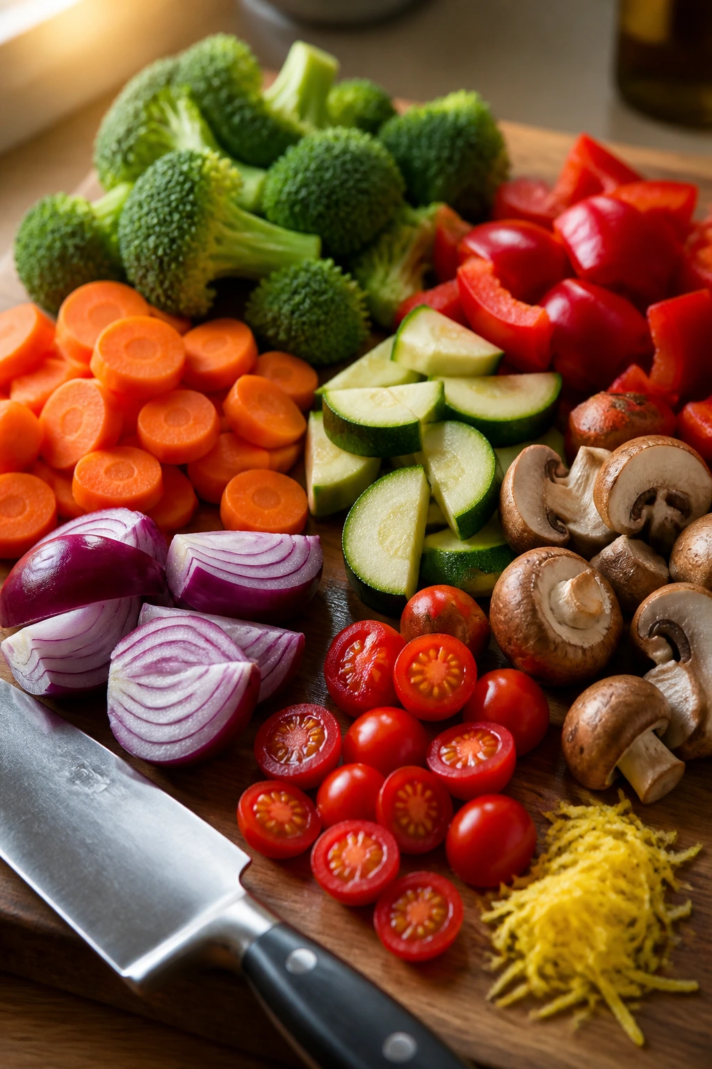 Raw vegetables arranged on cutting board ready to roast