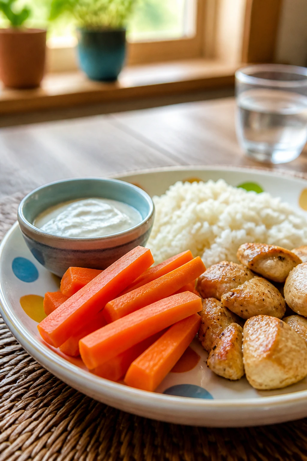 Close-up of a tiny veggie portion with dip beside rice and chicken on a warm kitchen table