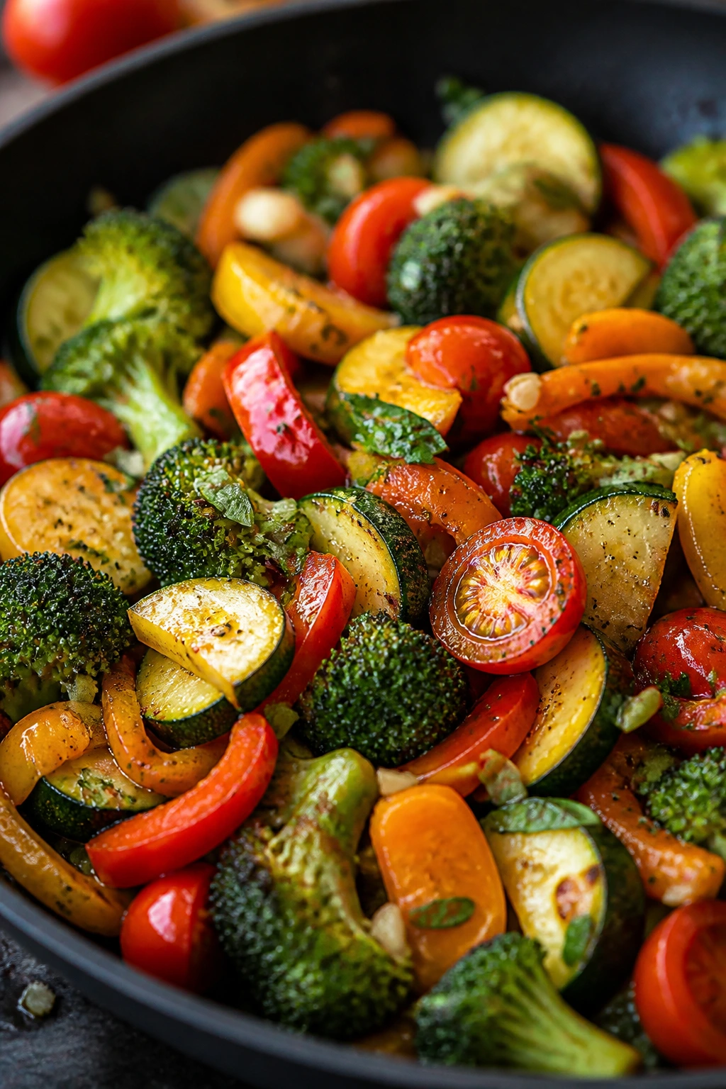 Colorful vegetable medley in a skillet showing flavor swaps