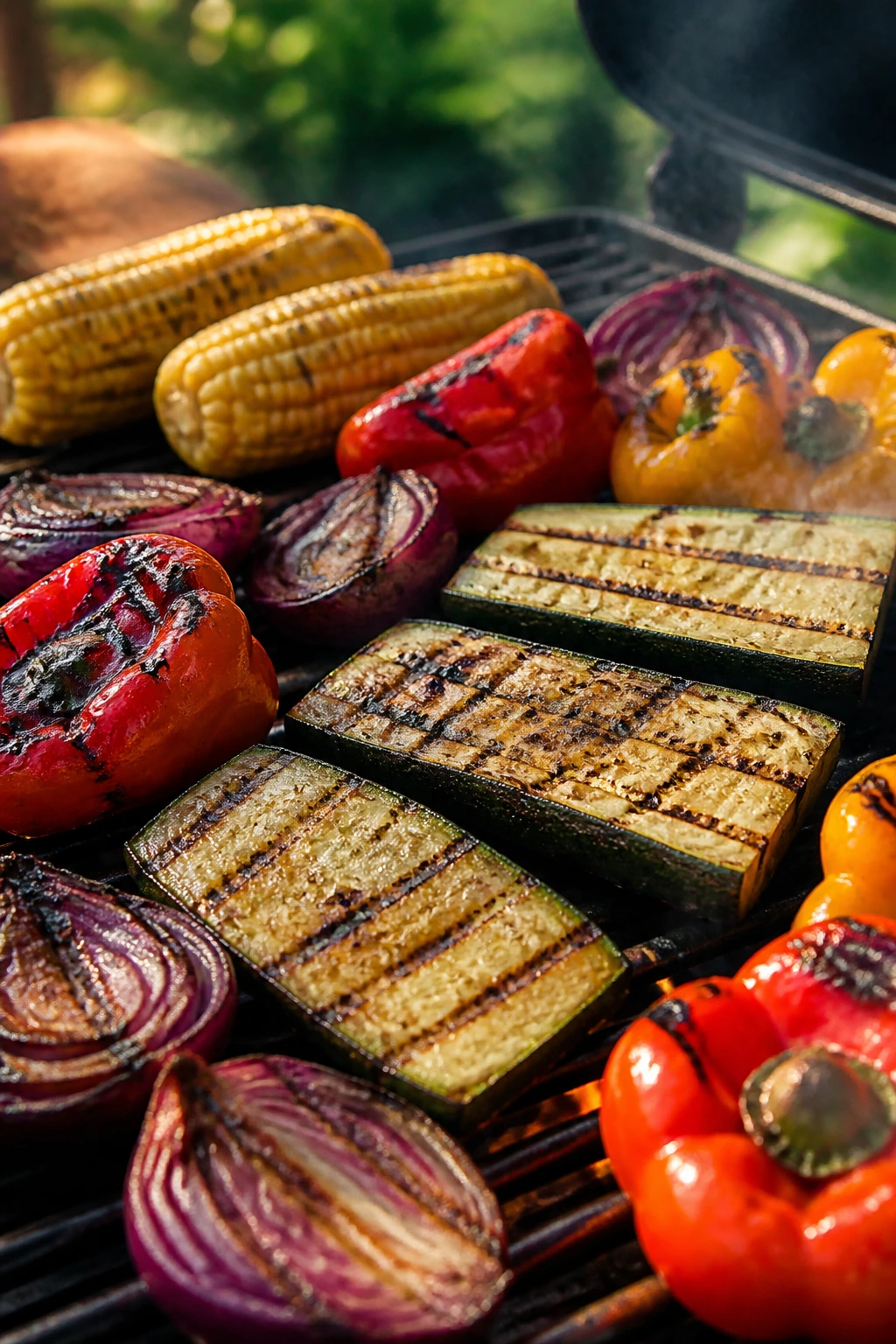 Colorful grilled vegetables and fruit on the grill, vibrant and juicy