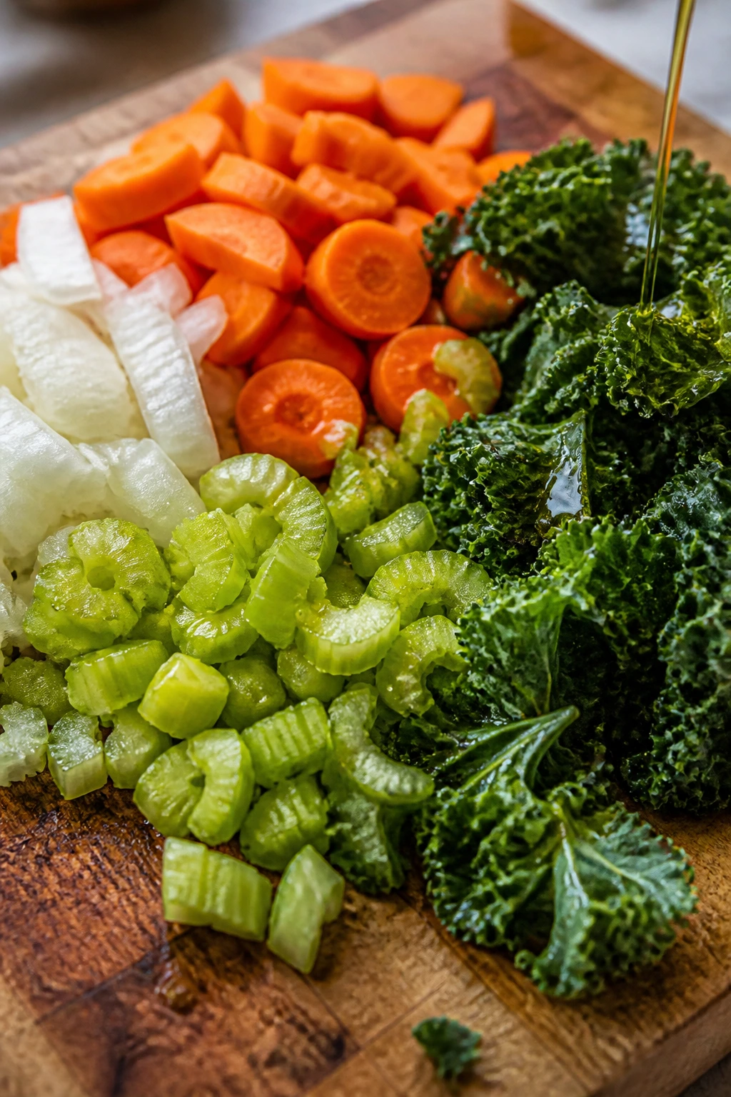 Chopped vegetables and kale on cutting board ready for soup