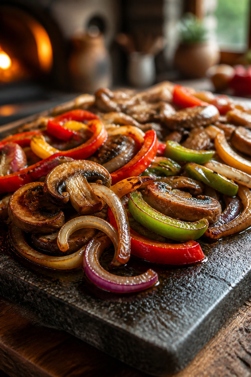 Close-up of sautéed mushrooms, onions, and peppers on a hot stone.