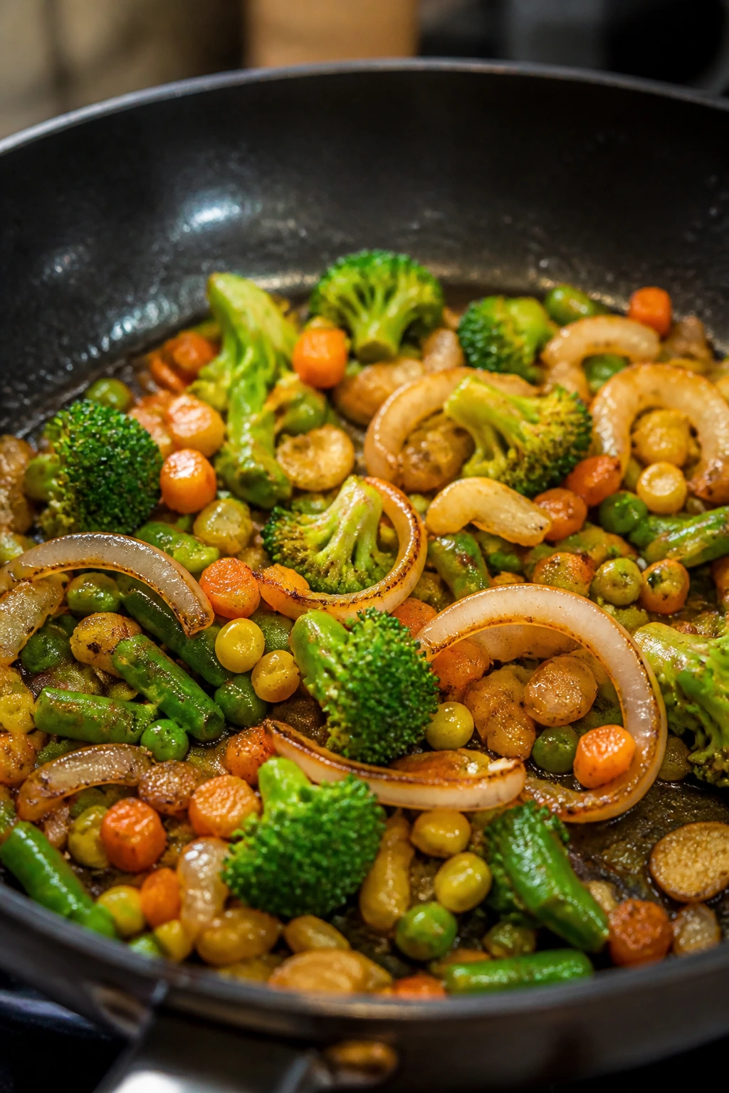 Pan with browning vegetables, onions, and garlic in the pan