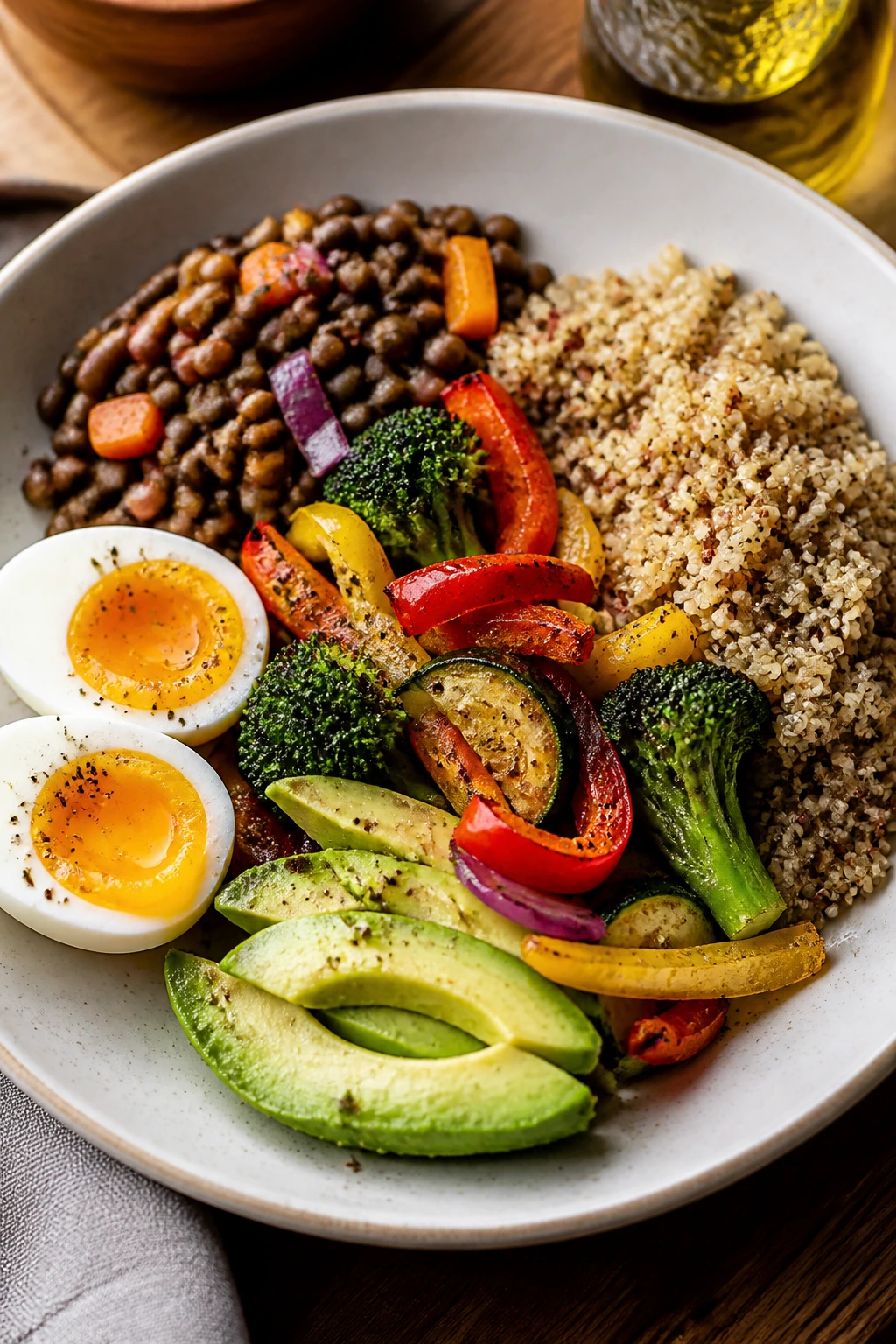 Plate with vegetables, protein, starch, and fat balanced for a complete dinner