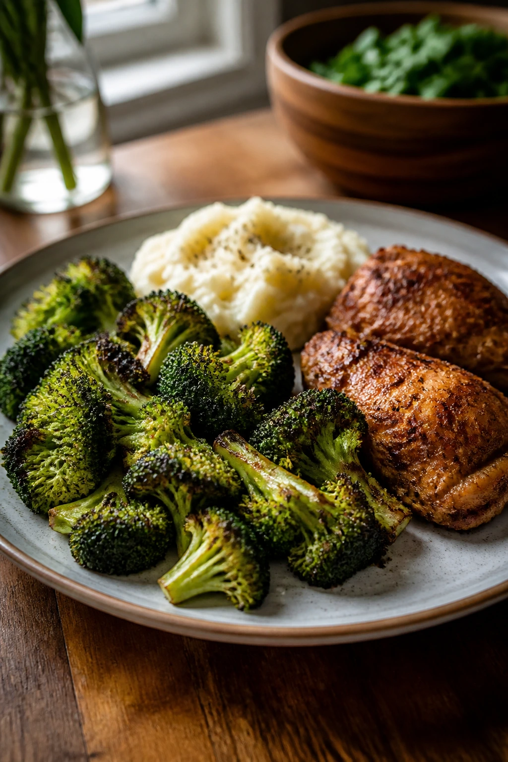 Close-up of a plate with roasted broccoli dominating, chicken and mashed potatoes on the side in a warm kitchen