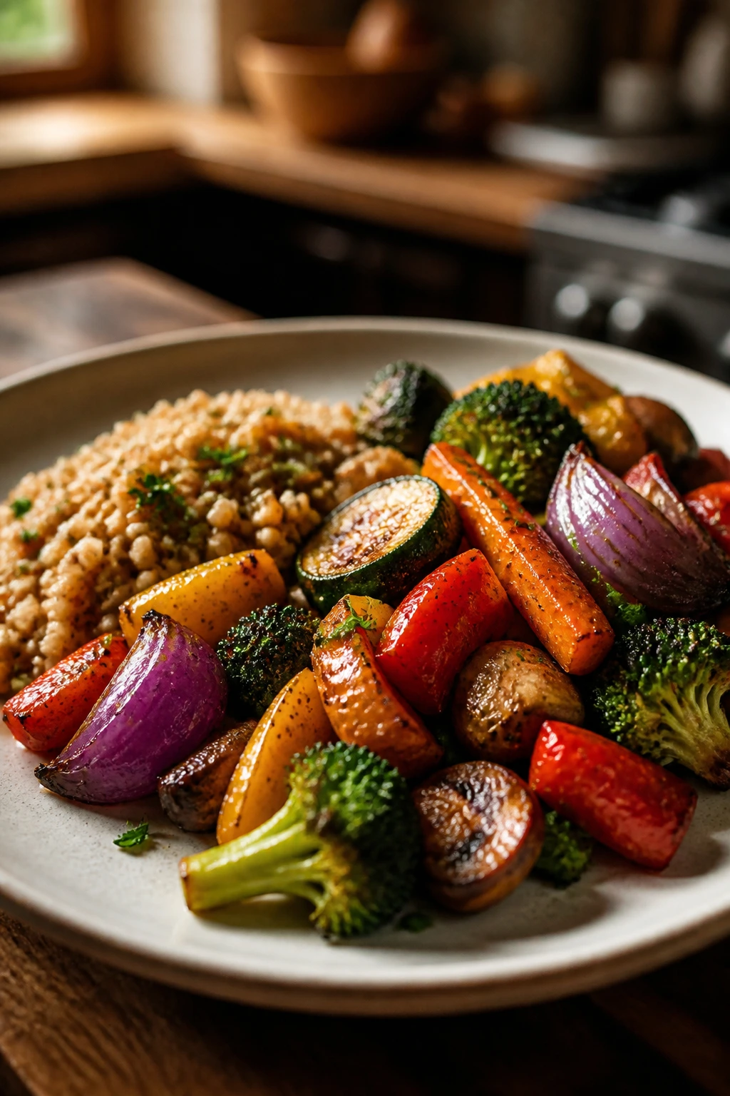 Plate filled with roasted vegetables and a side grain, in warm kitchen light