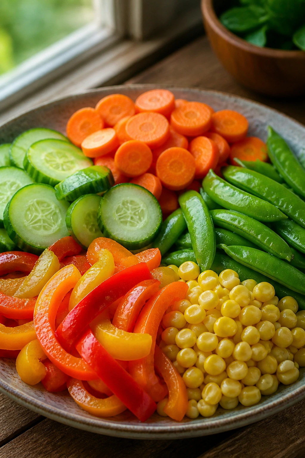 Close-up of fresh vegetables on a plate ready to serve in a home kitchen