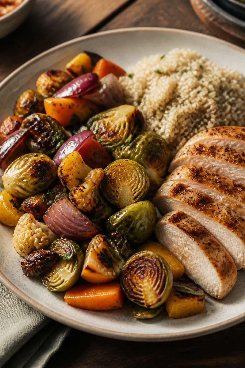 Plate of caramelized vegetables with grains and protein arranged aesthetically