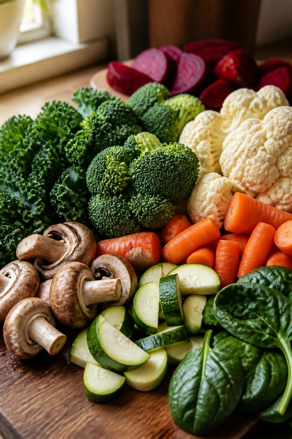 Close-up of fresh vegetables arranged on a cutting board for nugget recipes