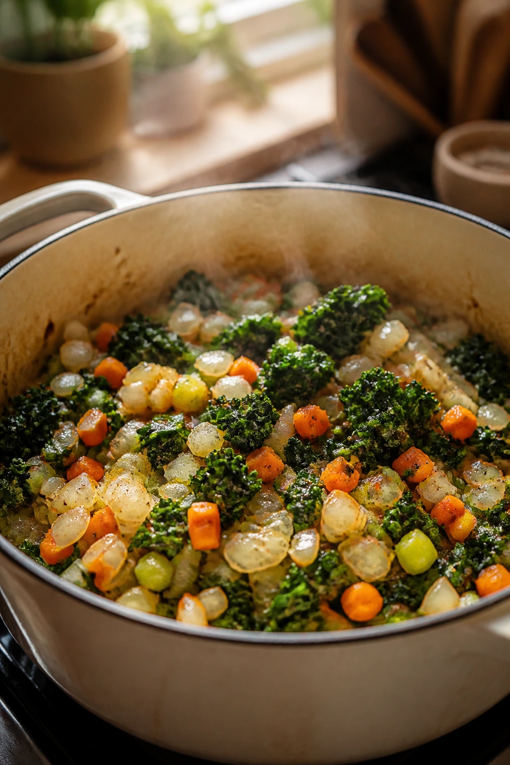 Vegetables sautéing in base for smoky chickpea stew