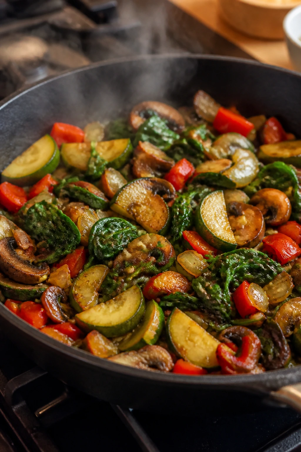 Sautéed vegetables for veggie cups: onion, mushrooms, zucchini, pepper, spinach, garlic