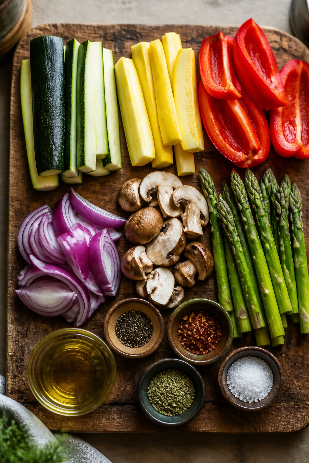 Top-down view of vegetables and seasonings for grilling