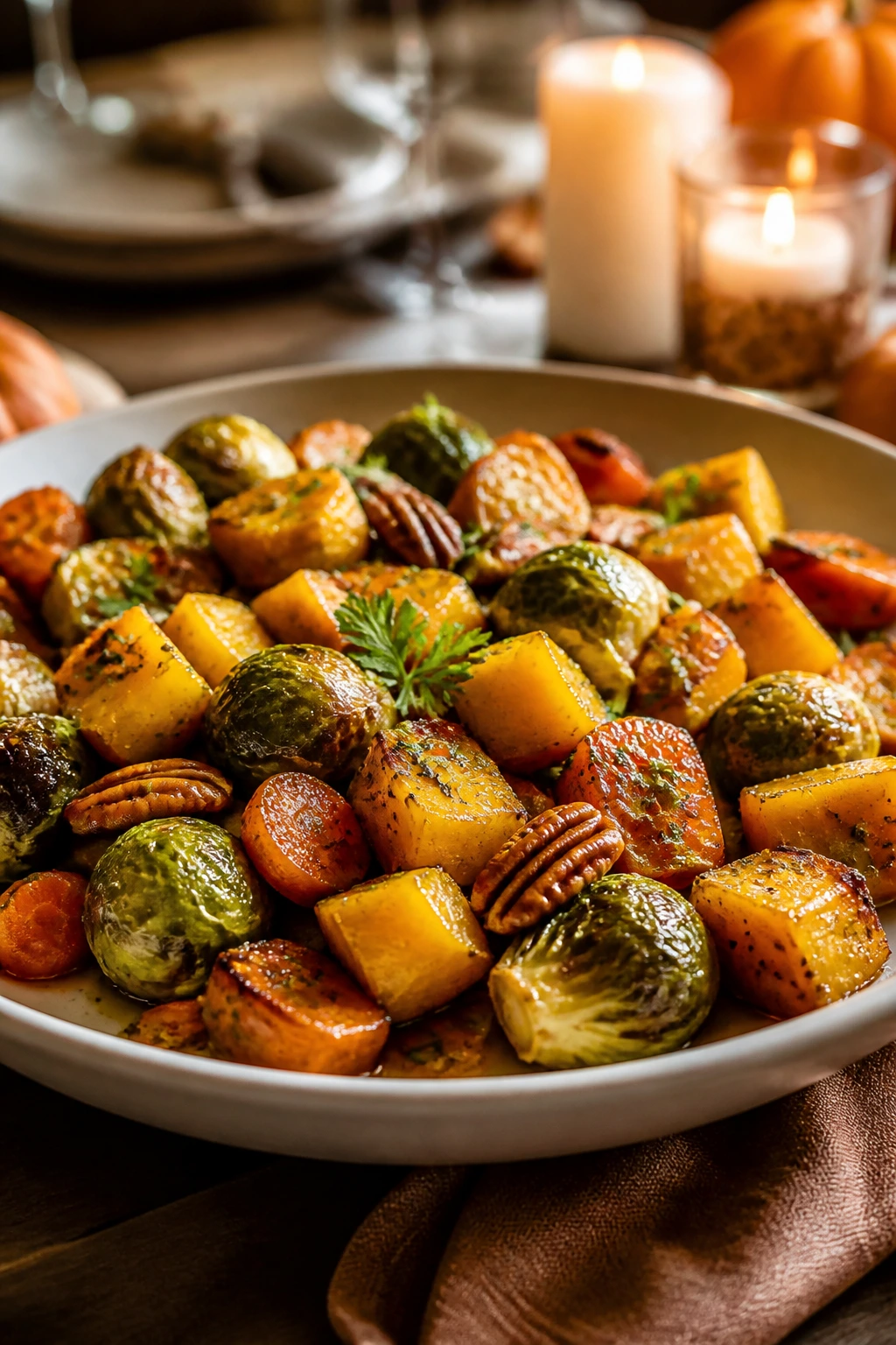Glossy roasted vegetable medley served in shallow bowl for Thanksgiving