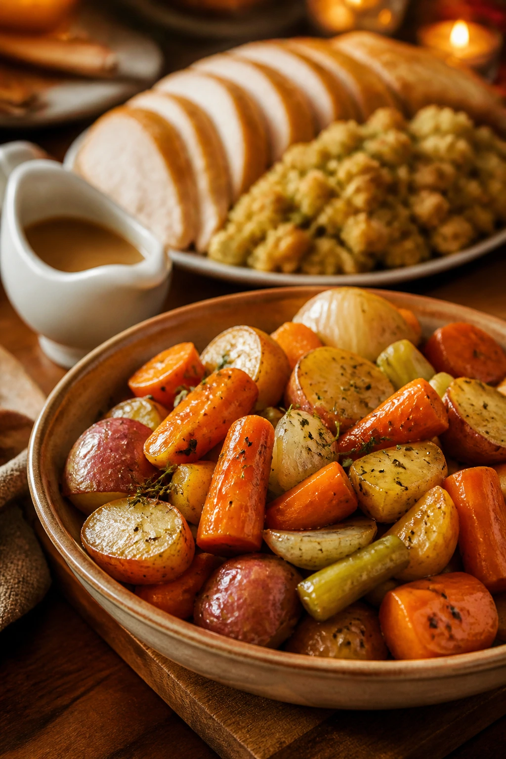 Glossy roasted vegetables served in a warm bowl with blurred turkey and stuffing in background