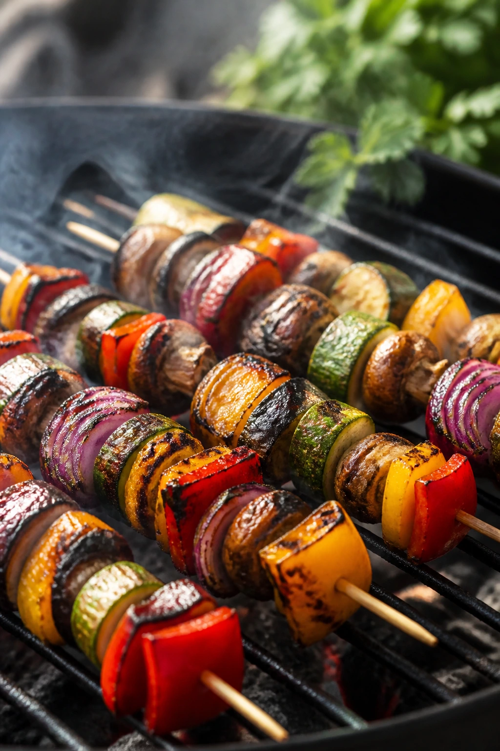 Skewers browning on a charcoal grill with visible char and smoke