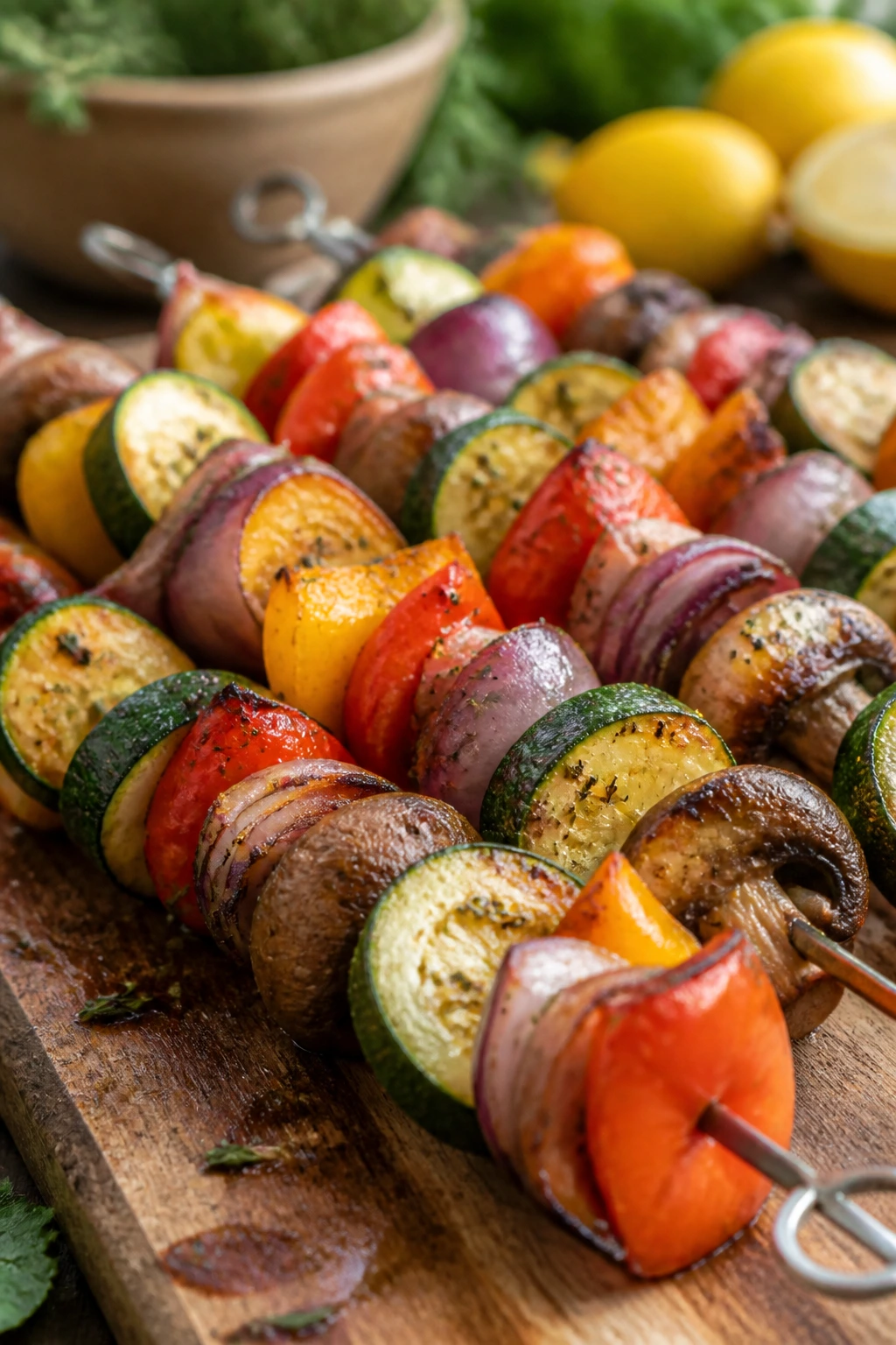 Close-up of Mediterranean veggie skewers with browning edges on a wooden board