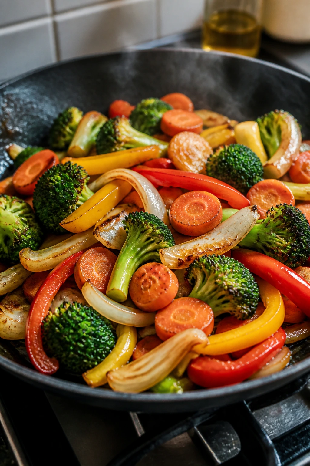 Close-up of colorful vegetables browning in a skillet