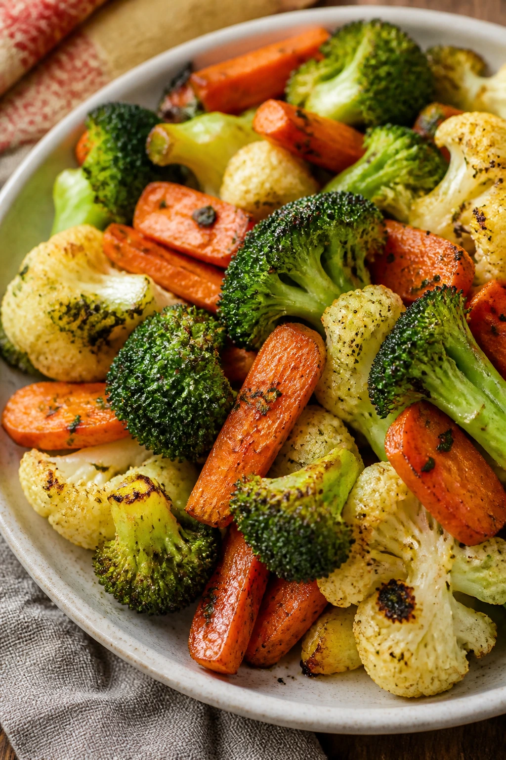 Colorful plate of roasted carrots, broccoli, and cauliflower