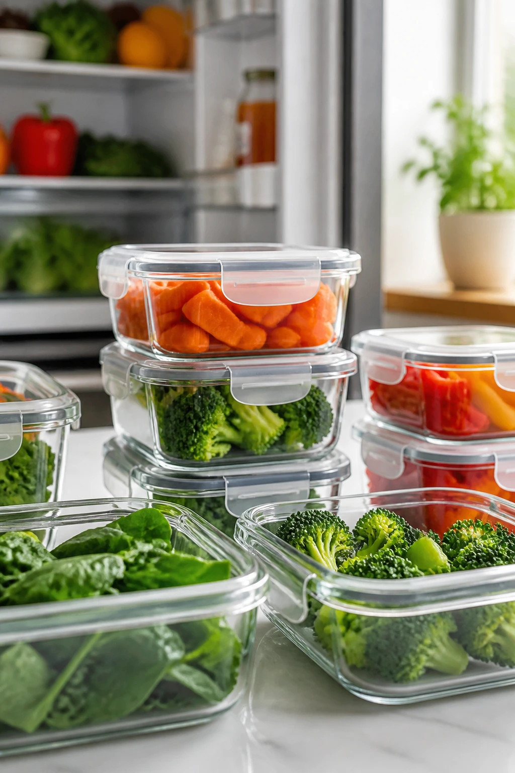 Glass storage containers with chopped vegetables on a counter