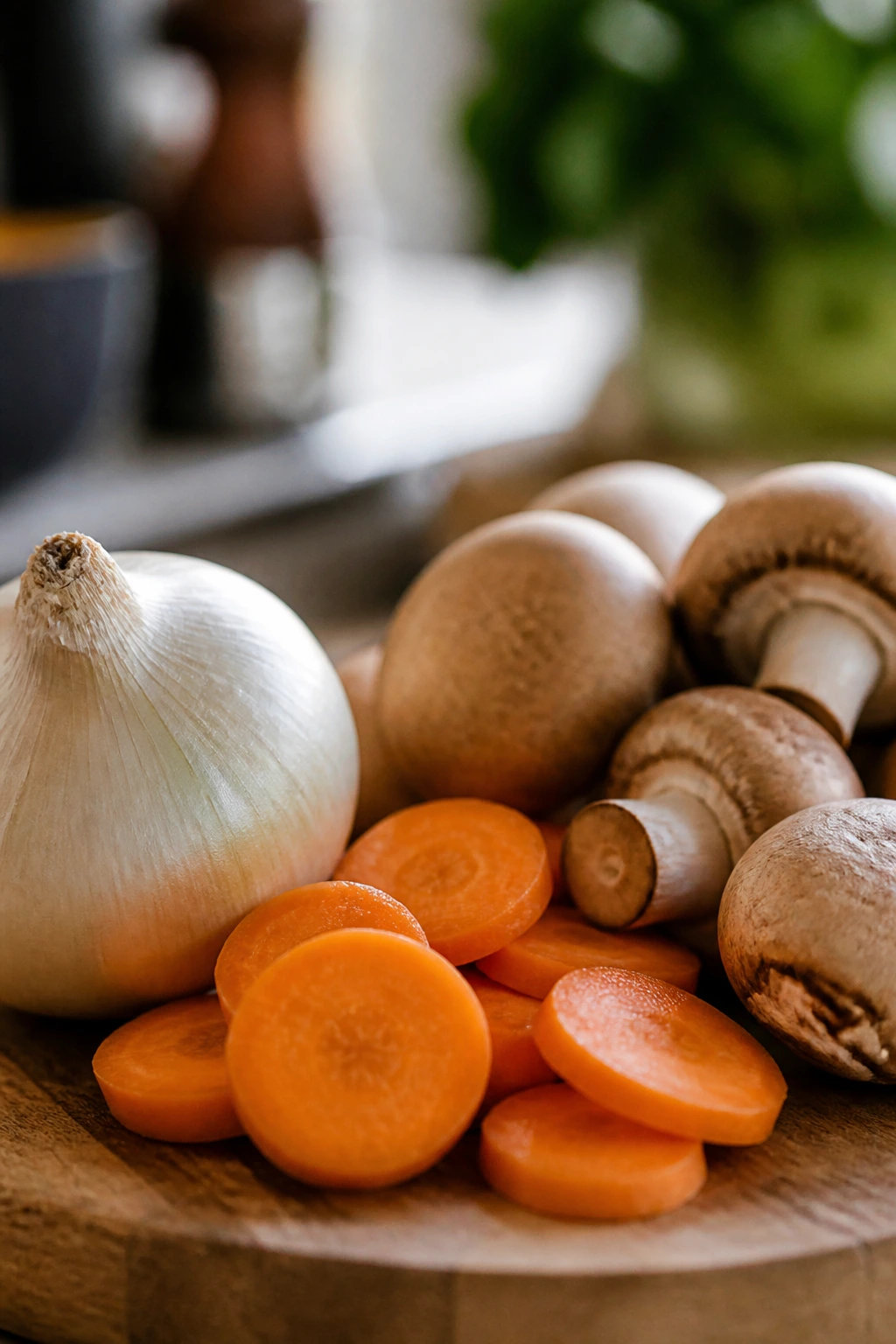 Sturdy vegetables like onions, carrots, and mushrooms arranged on a cutting board