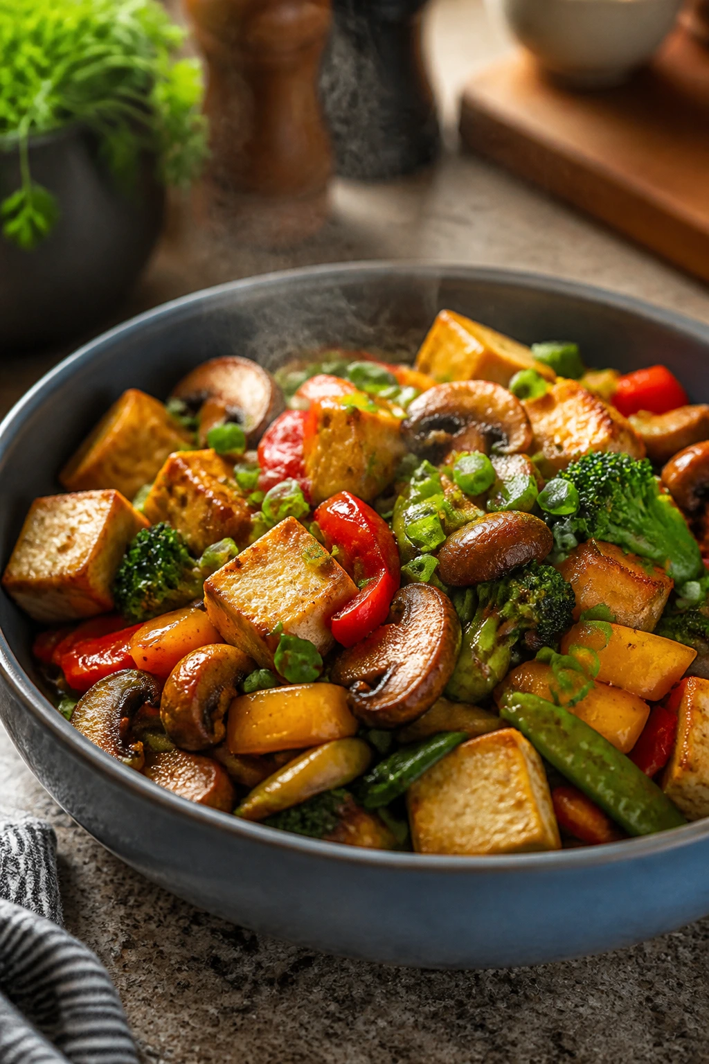 Colorful tofu and vegetable dish showcasing vegetarian adaptation