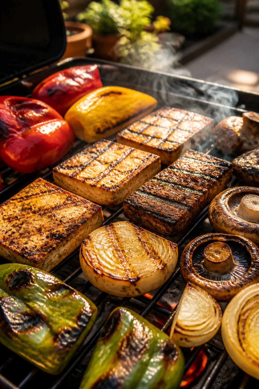 Close-up of charred tofu and vegetables grilling on a backyard grill