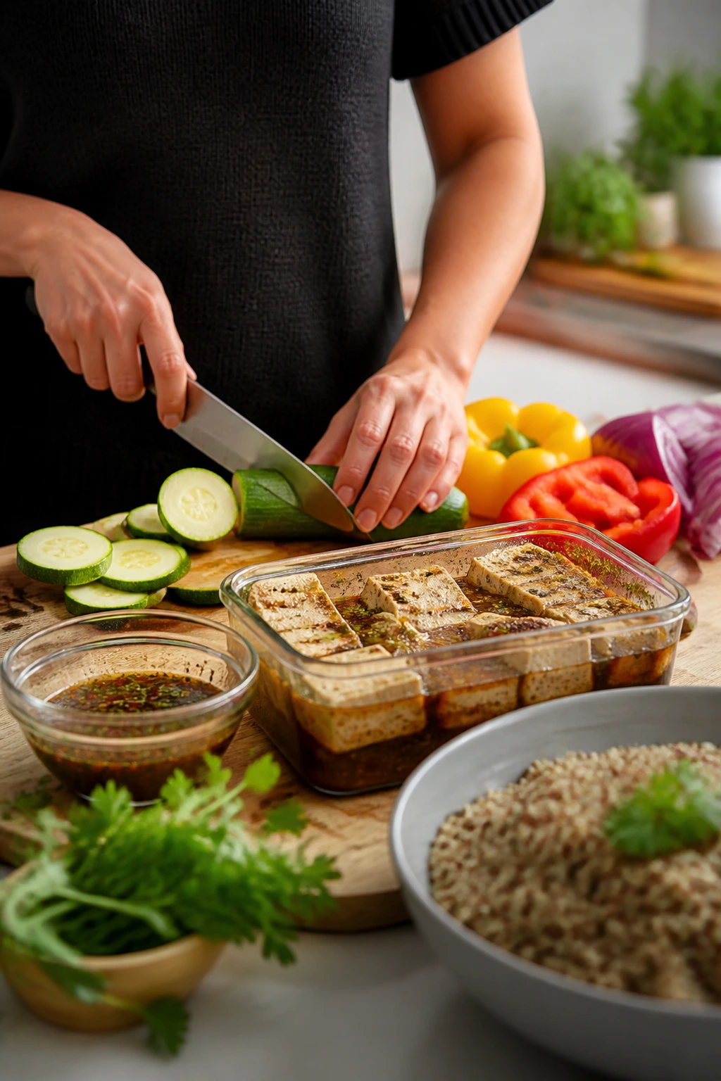Hands marinating tofu and cutting vegetables for vegetarian BBQ prep