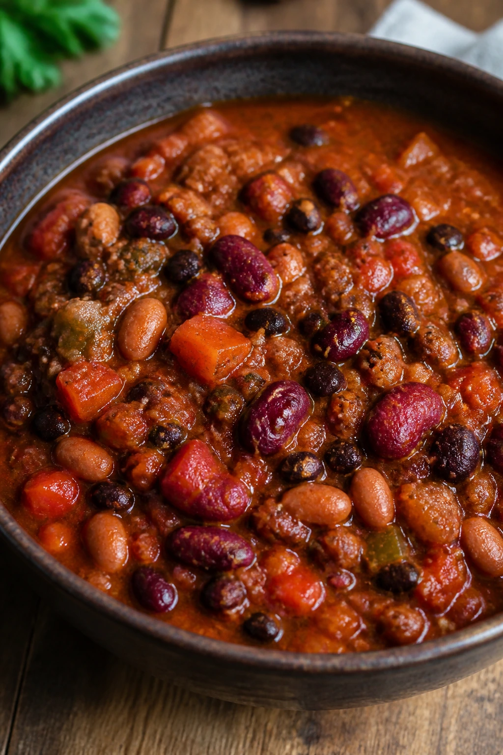 Rich vegetarian chili with multiple beans in a rustic bowl